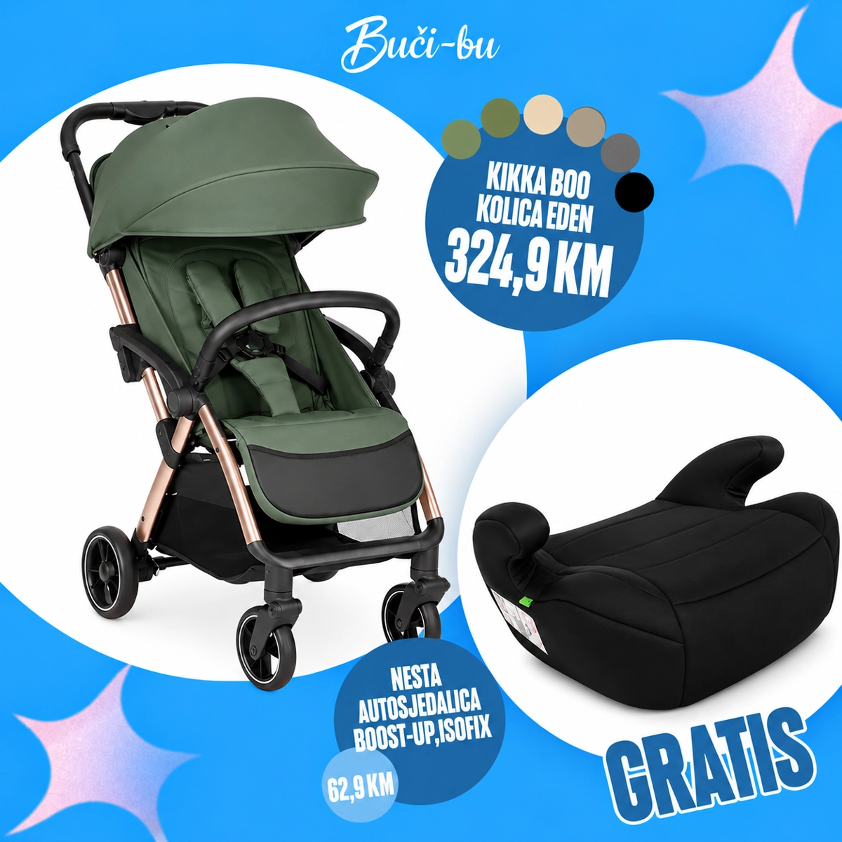 KIKKA BOO KOLICA EDEN ARMY GREEN 2026+GRATIS NESTA AUTOSJEDALICA BOOST-UP,ISOFIX