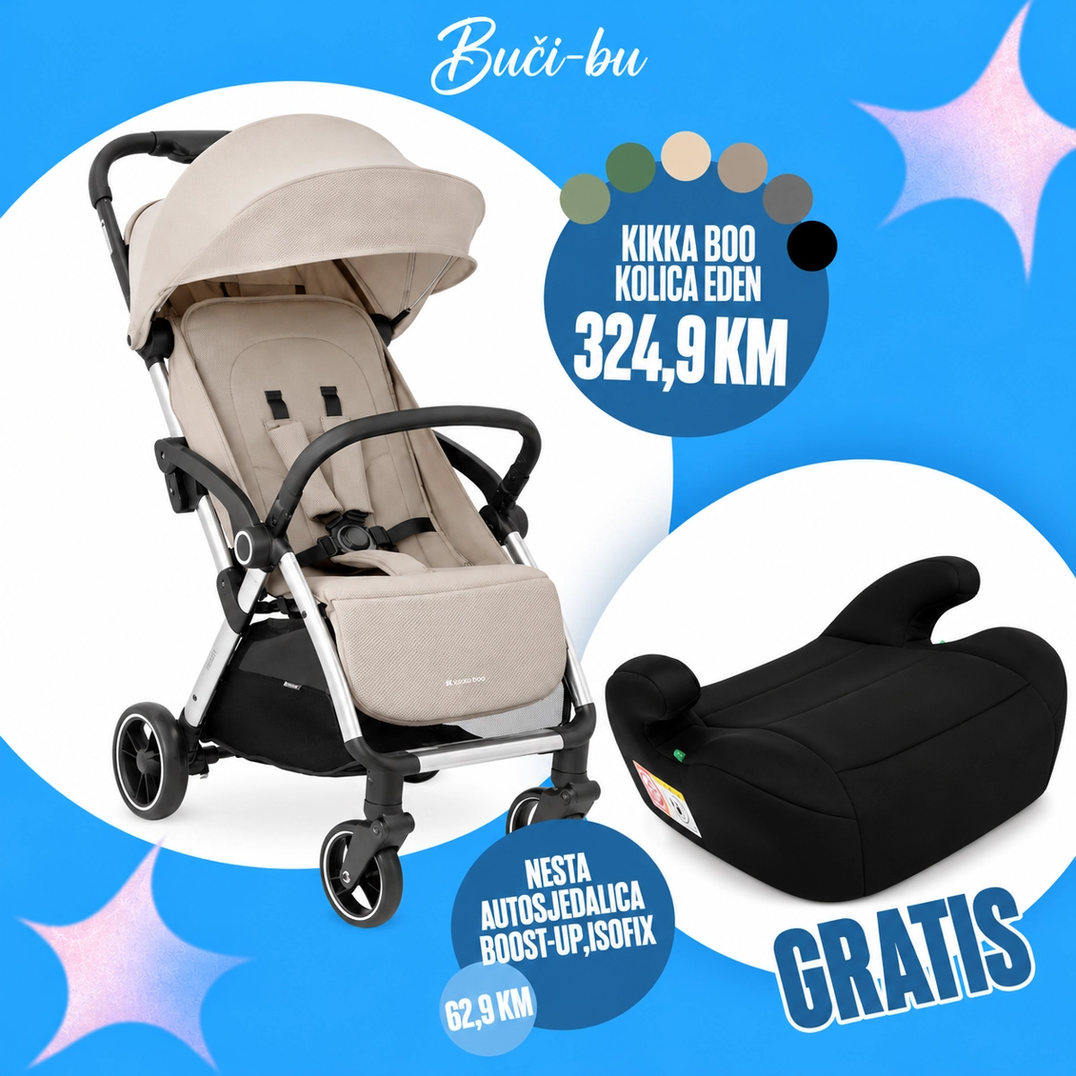 KIKKA BOO KOLICA EDEN BEIGE+GRATIS NESTA AUTOSJEDALICA BOOST-UP,ISOFIX