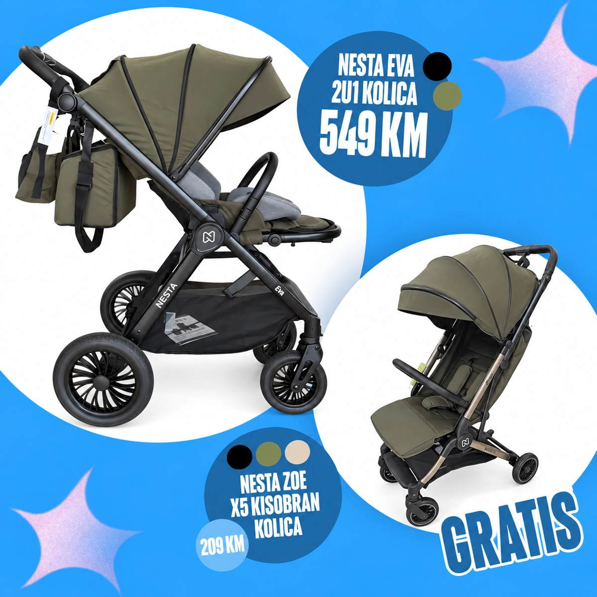 NESTA EVA 2U1 KOLICA, GREEN + GRATIS NESTA KOLICA ZOE X5