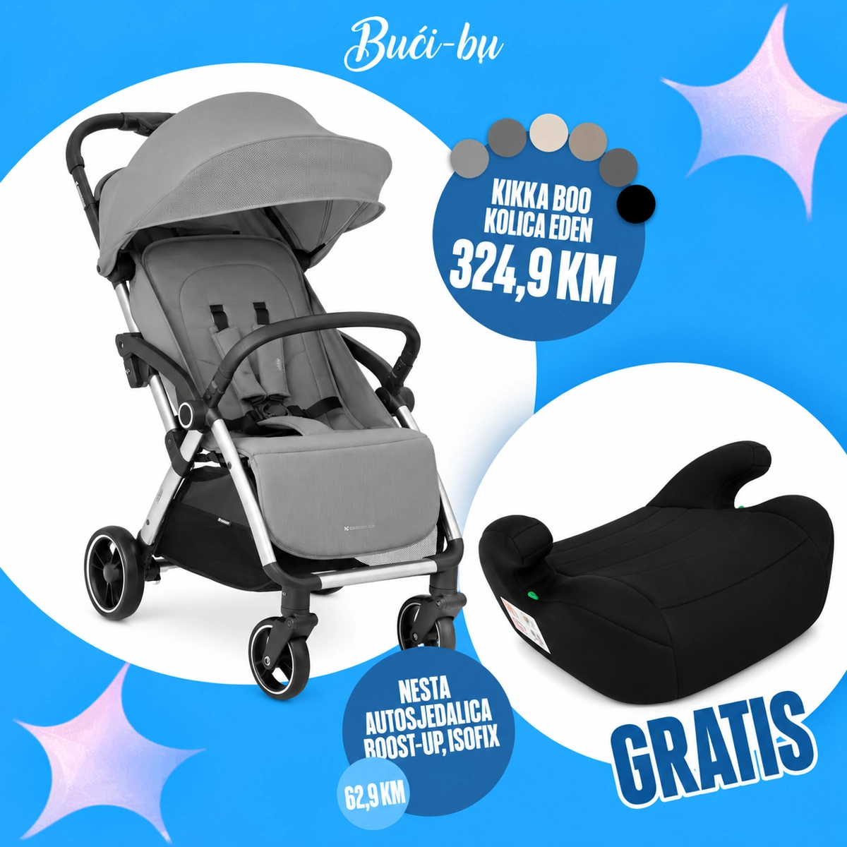 KIKKA BOO KOLICA EDEN GREY+GRATIS NESTA AUTOSJEDALICA BOOST-UP,ISOFIX