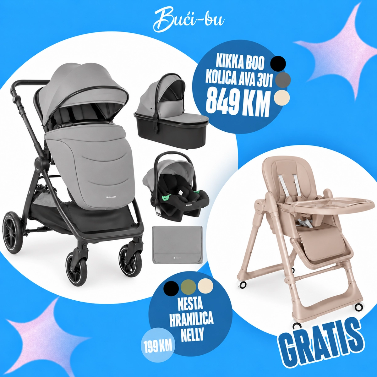 KIKKA BOO KOLICA AVA 3U1,GREY + GRATIS NESTA HRANILICA NELLY