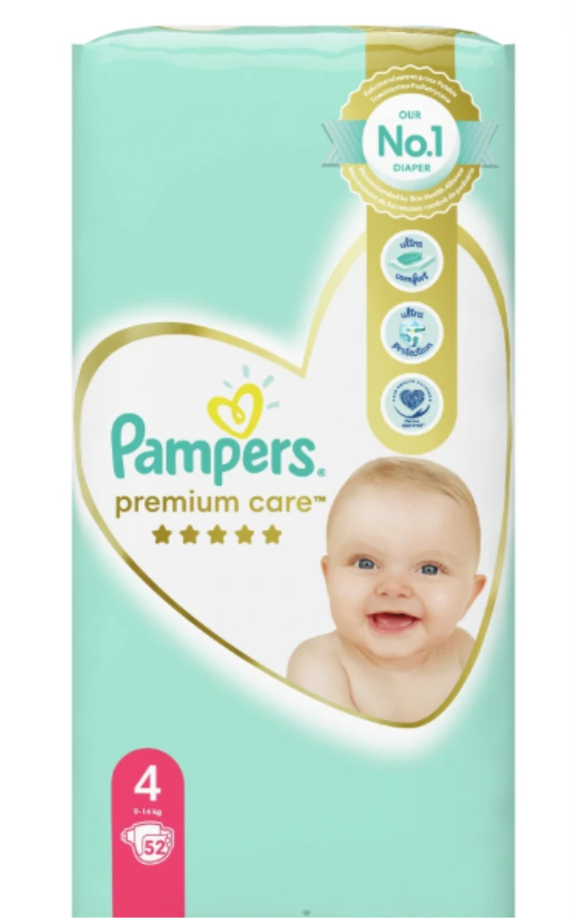 PAMPERS PREMIUM CARE PELENE VEL.4(9-14KG)52KOM