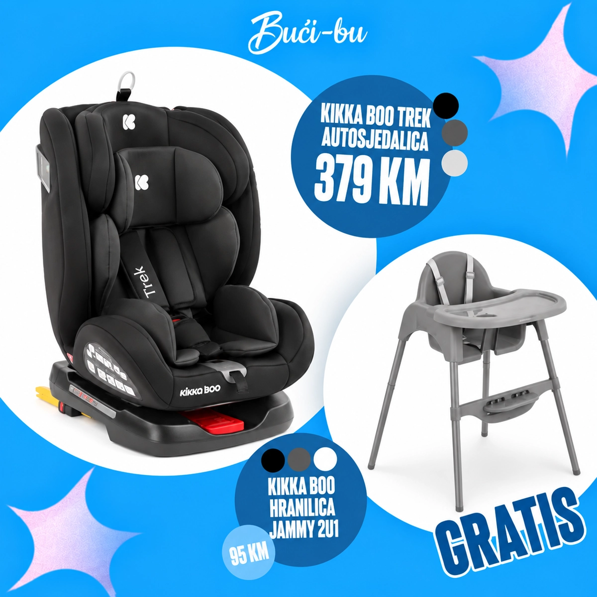 KIKKA BOO TTREK AUTOSJEDALICA ,0-36KG, BLACK + GRATIS KIKKA BOO HRANILICA JAMMY