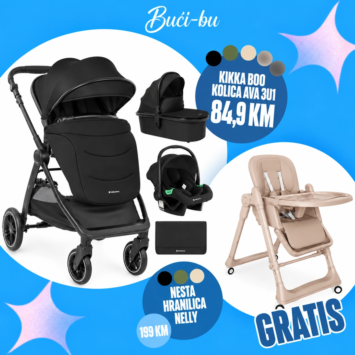KIKKA BOO KOLICA AVA 3U1,BLACK + GRATIS NESTA HRANILICA NELLY