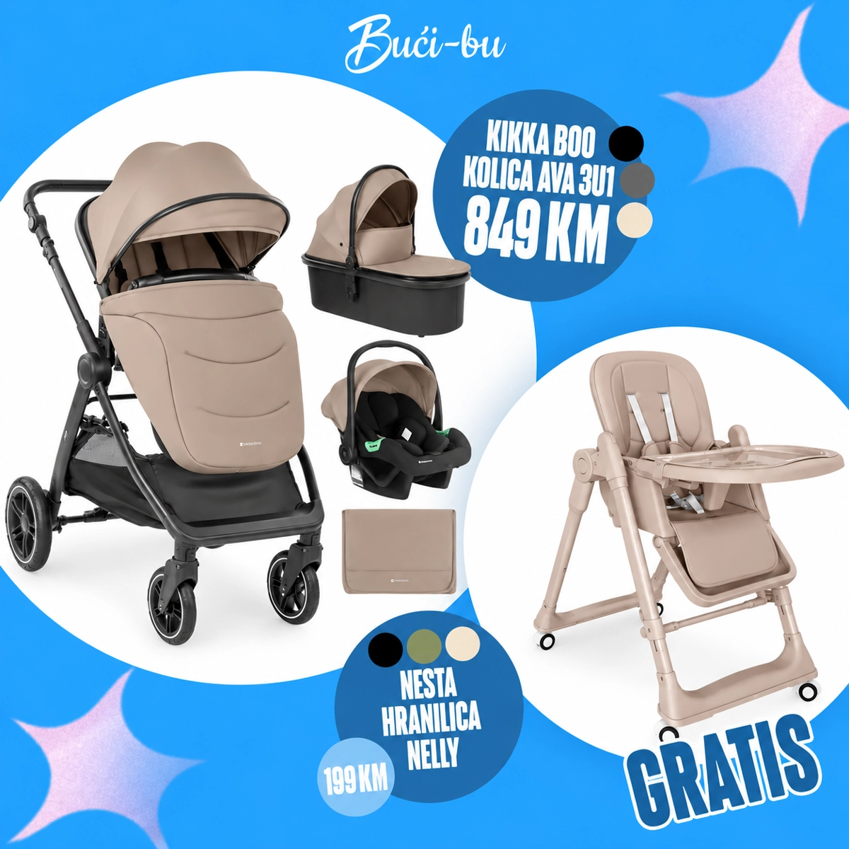 KIKKA BOO KOLICA AVA 3U1,BEIGE + GRATIS NESTA HRANILICA NELLY 