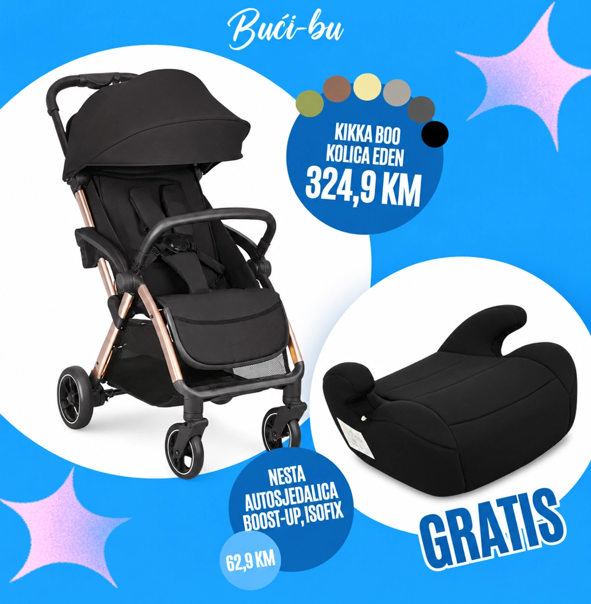 KIKKA BOO KOLICA EDEN,BLACK 2026+GRATIS NESTA AUTOSJEDALICA BOOST-UP, ISOFIX