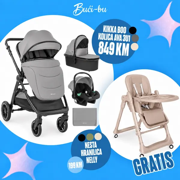 KIKKA BOO KOLICA AVA 3U1,GREY + GRATIS NESTA HRANILICA NELLY