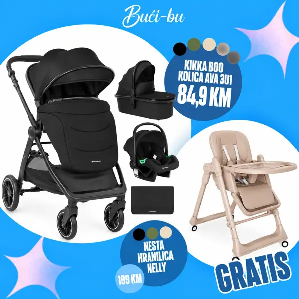 KIKKA BOO KOLICA AVA 3U1,BLACK + GRATIS NESTA HRANILICA NELLY