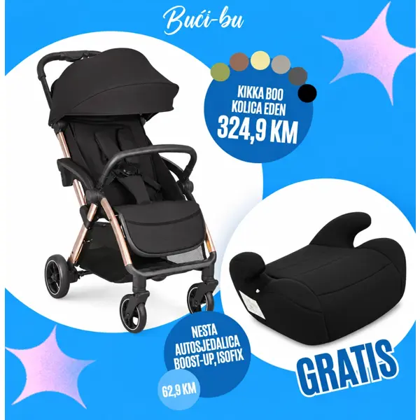 KIKKA BOO KOLICA EDEN,BLACK 2026+GRATIS NESTA AUTOSJEDALICA BOOST-UP, ISOFIX