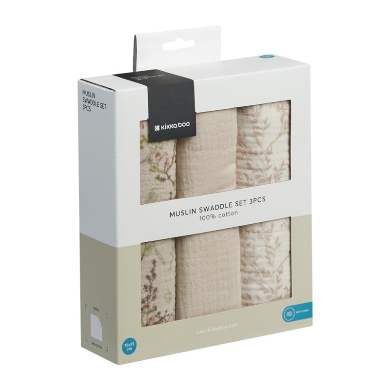 KIKKA BOO MUSLIN PELENE,SET 3 KOM,75X75CM,SECRET GARDEN BEIG