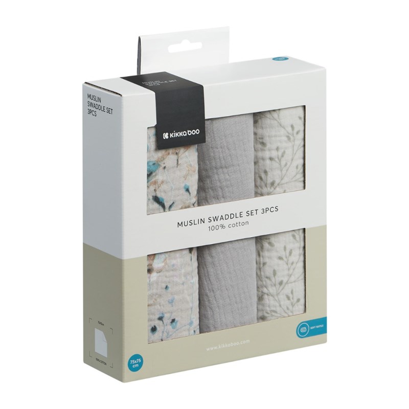 KIKKA BOO MUSLIN PELENE, SET 3 KOM,75X75CM,DREAMY FIELDS GRE